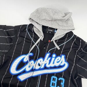 Cookies Baseball Jersey Hoodie Mens Large Black Blue Pinstripe Button Front 83